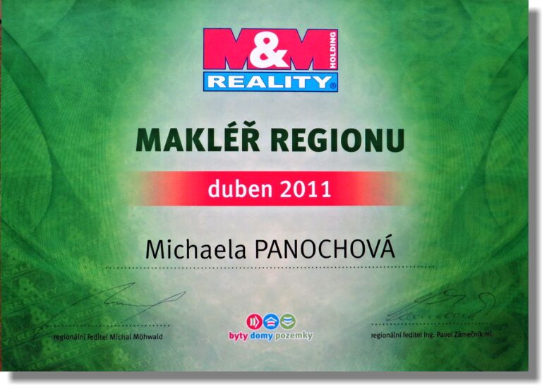 Certifikát, makléř regionu - Michaela Panochová